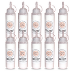 Set of eight clear bottles with labels on a white background