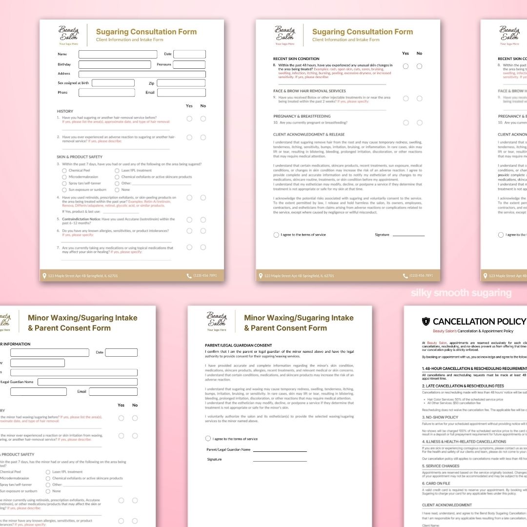 Sugaring Client Form , Intake Form, Minor Consent Form, Aftercare Card Template Editable in Canva