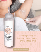 Bottle of Silky Smooth Triple Threat Skin Shield with a person preparing skin for sugaring.