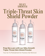 Triple-Threat Skin Shield Powder packaging with three bottles on a gradient pink background