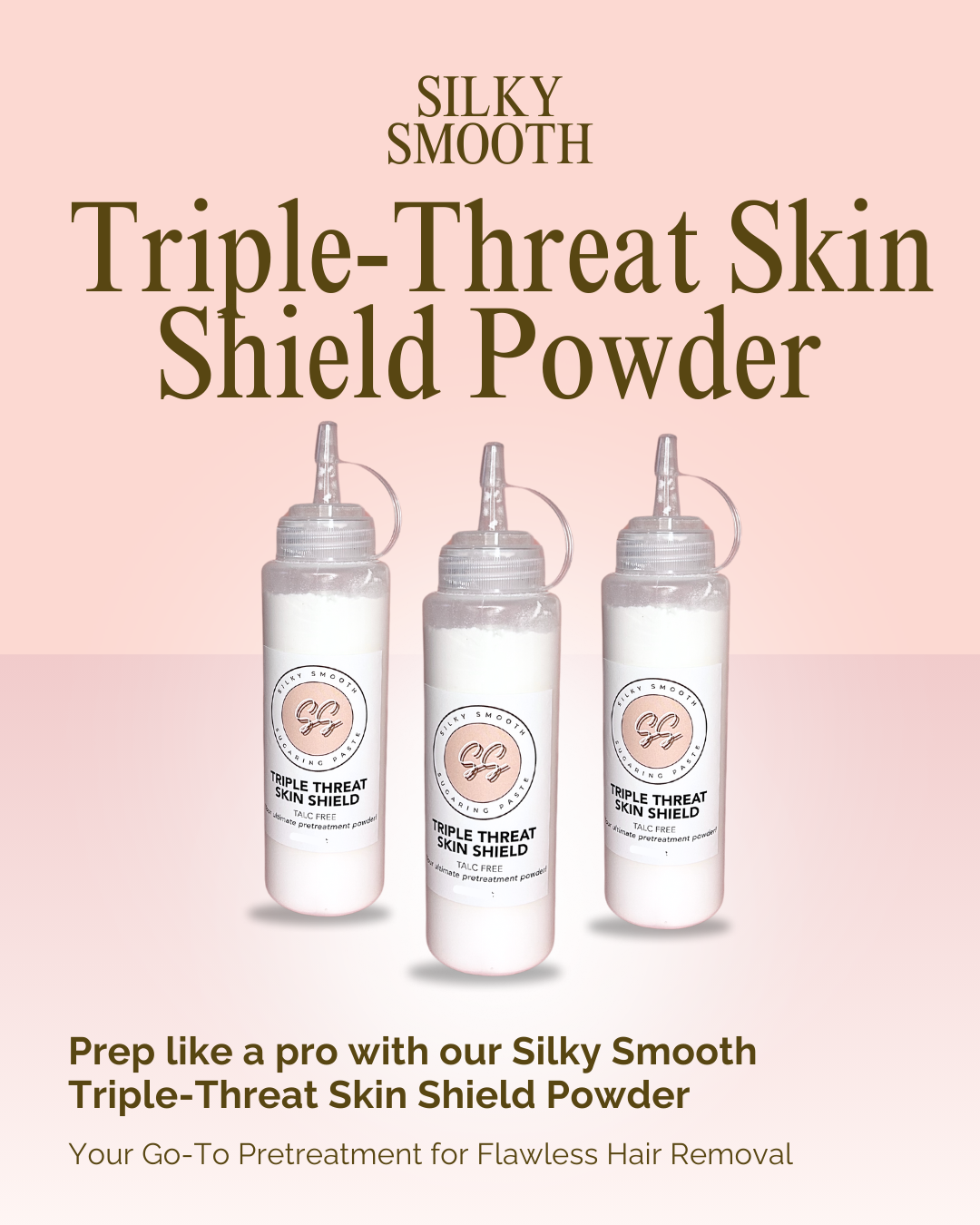 Triple-Threat Skin Shield Powder packaging with three bottles on a gradient pink background