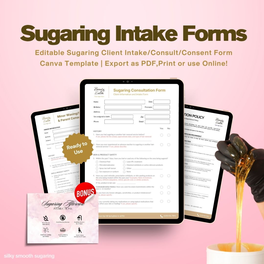 Sugaring Client Form , Intake Form, Minor Consent Form, Aftercare Card Template Editable in Canva