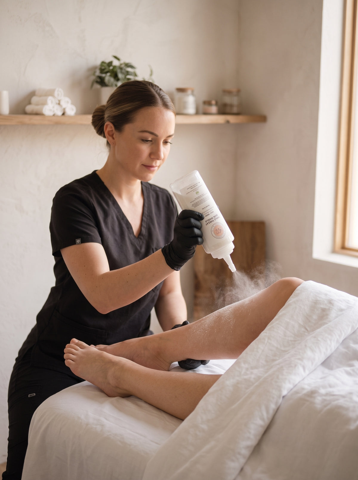 An esthetician wearing a black uniform and gloves applies a white powder from a squeeze bottle to a client's leg on a treatment bed in a bright, clean spa room.