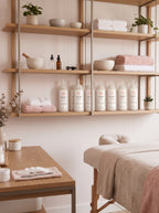 A spa treatment room with a wooden massage table, wall-mounted shelves holding folded towels, bowls, and several white bottles, plus a wooden desk in the foreground.