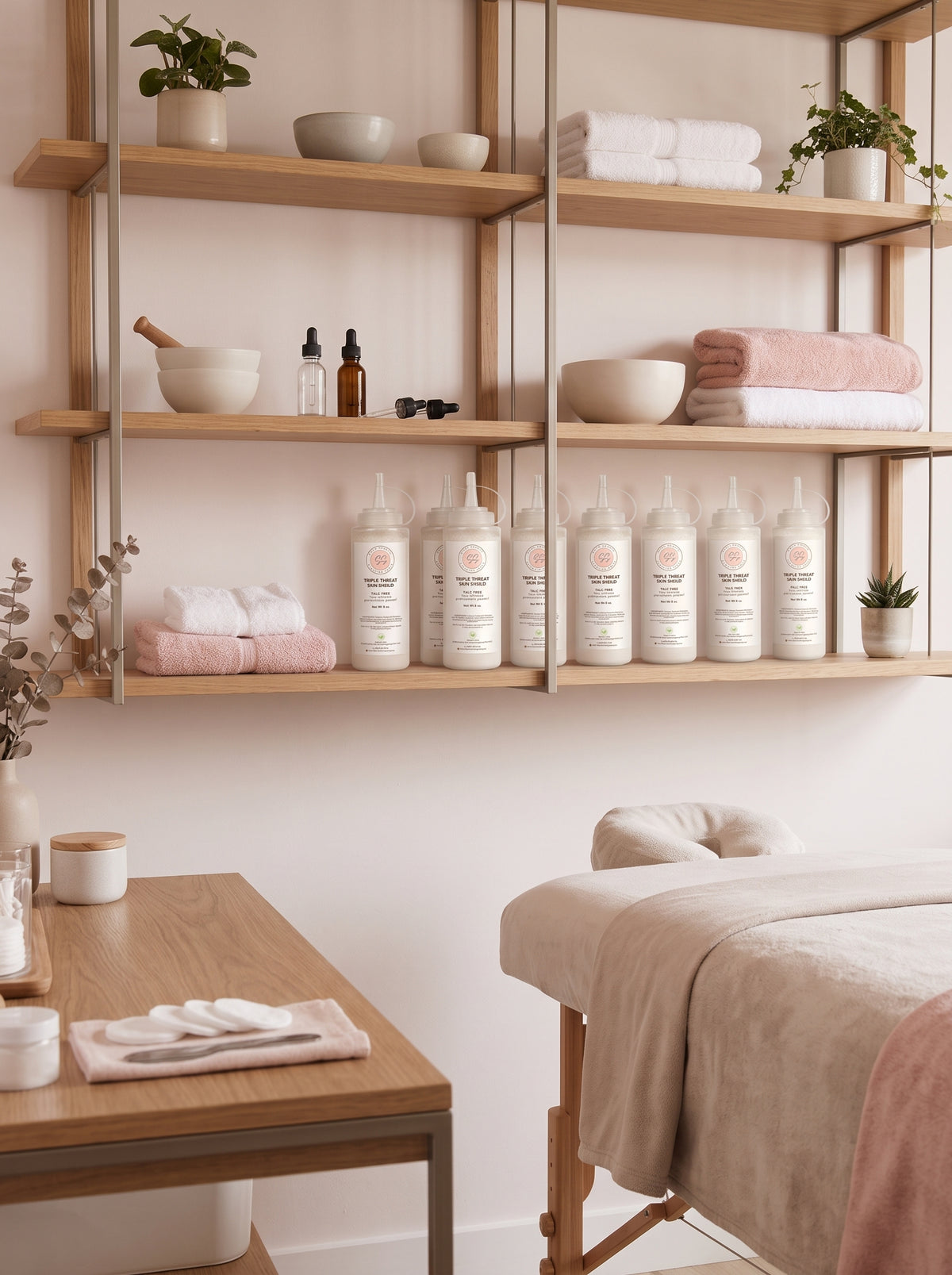 A spa treatment room with a wooden massage table, wall-mounted shelves holding folded towels, bowls, and several white bottles, plus a wooden desk in the foreground.